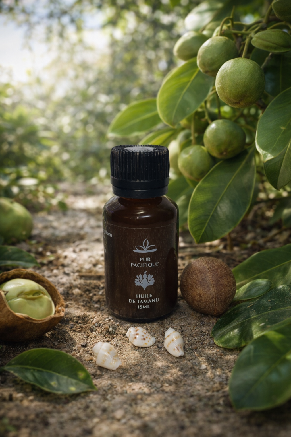 <b>NOUVEAUTÉ</b> FORMAT 15ML : HUILE DE TAMANU VIERGE, PURE ET BRUTE 100% <br>D´ORIGINE NATURELLE - <br> L´OR VERT DU PACIFIQUE - 15ML
