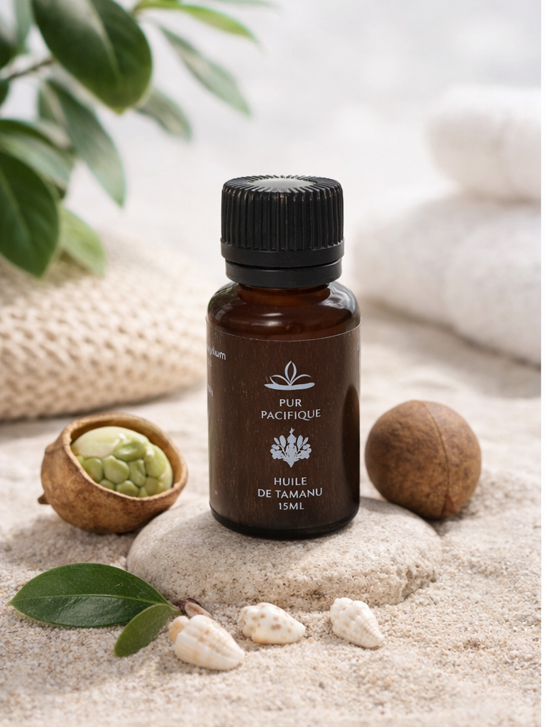 <b>NOUVEAUTÉ</b> FORMAT 15ML : HUILE DE TAMANU VIERGE, PURE ET BRUTE 100% <br>D´ORIGINE NATURELLE - <br> L´OR VERT DU PACIFIQUE - 15ML