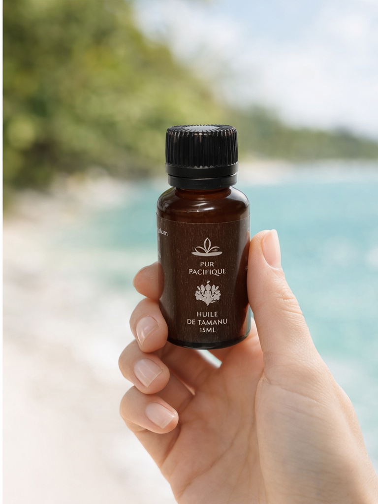 <b>NOUVEAUTÉ</b> FORMAT 15ML : HUILE DE TAMANU VIERGE, PURE ET BRUTE 100% <br>D´ORIGINE NATURELLE - <br> L´OR VERT DU PACIFIQUE - 15ML